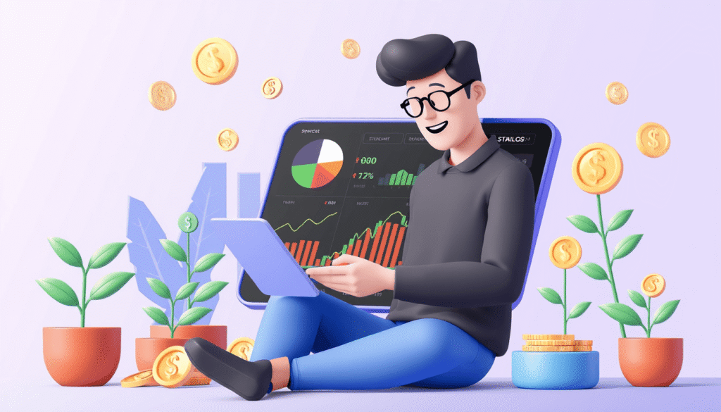 flat illustration of beginner using mobile app for stock investing
