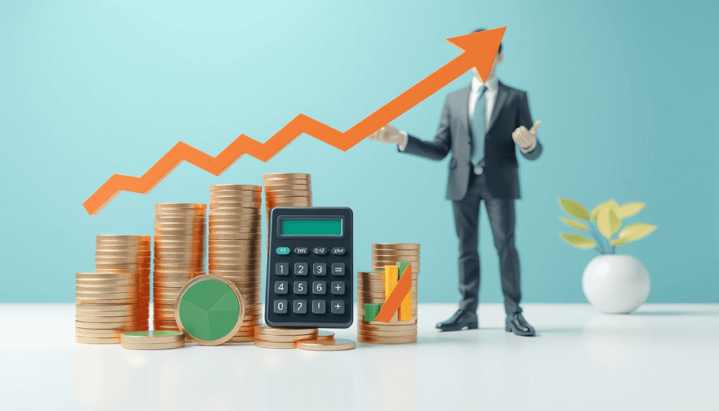 3d-style image of coins, stock arrows, a calculator, and a pie chart