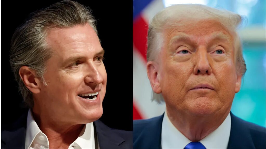 a split image showing president donald trump on one side and governor gavin newsom on the other
