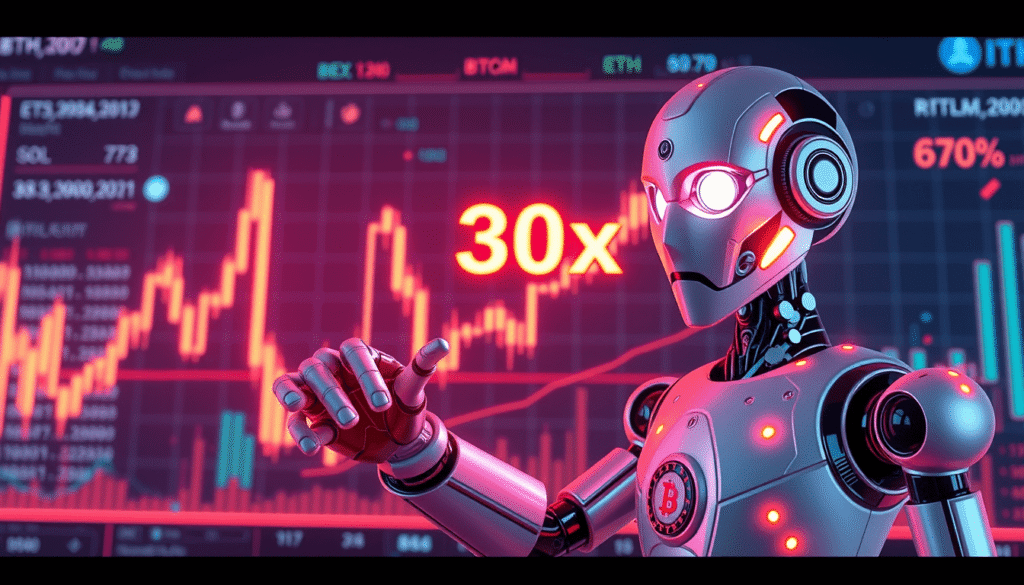 ai robot showing 30x crypto signal on digital candlestick chart