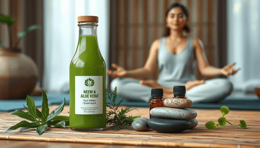 bottle of neem and aloe vera juice, fresh herbs, essential oils, and wellness stones