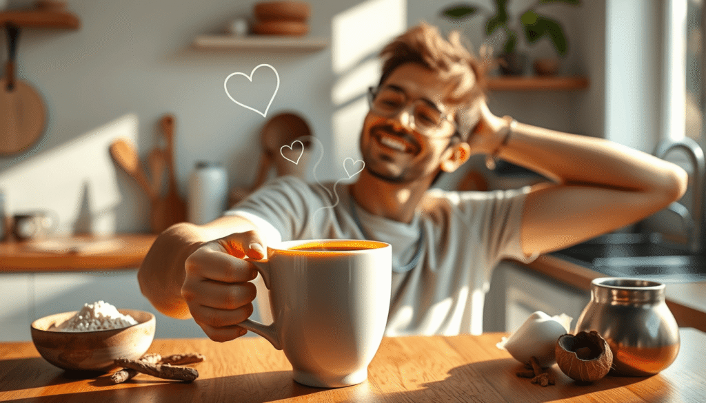 cheerful person stretching in the morning light while holding a mug of organic coffee