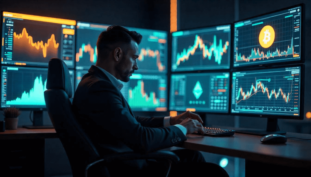 confident crypto trader analyzing ai charts on holographic screen