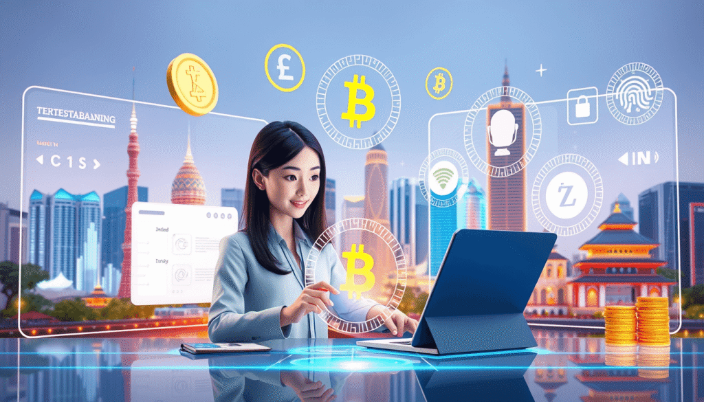 diverse professionals using fintech apps and digital banking tools in a high-tech urban setting