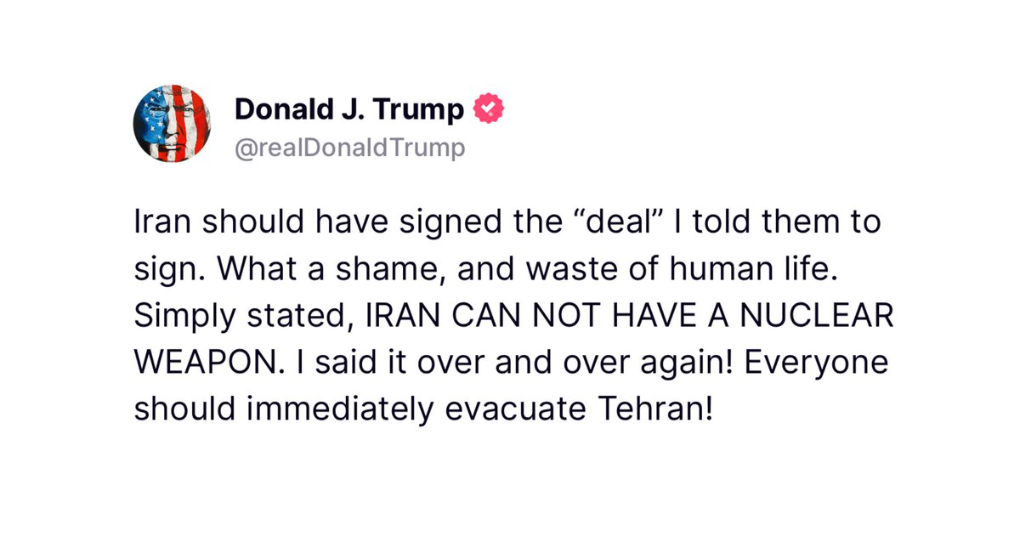 donald trump posts urgent tehran evacuation message on x