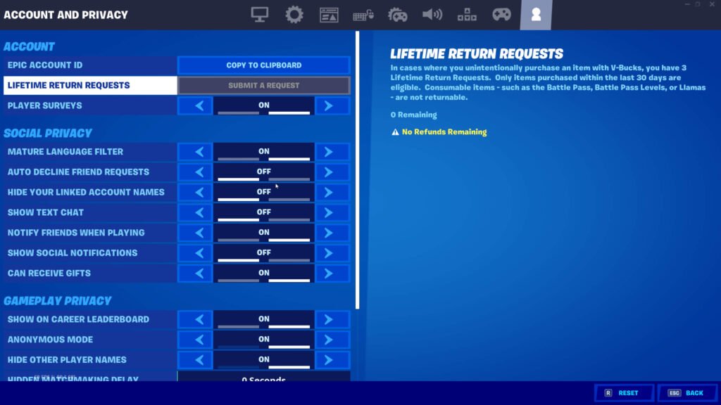 fortnite dashboard for refund return items