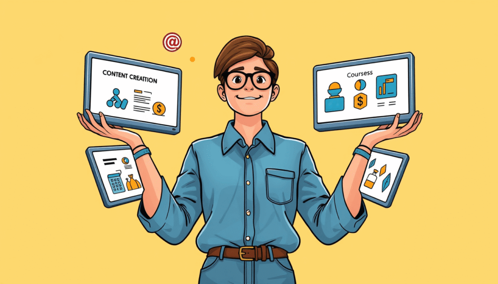 freelancer surrounded by digital screens showing multiple online business concept