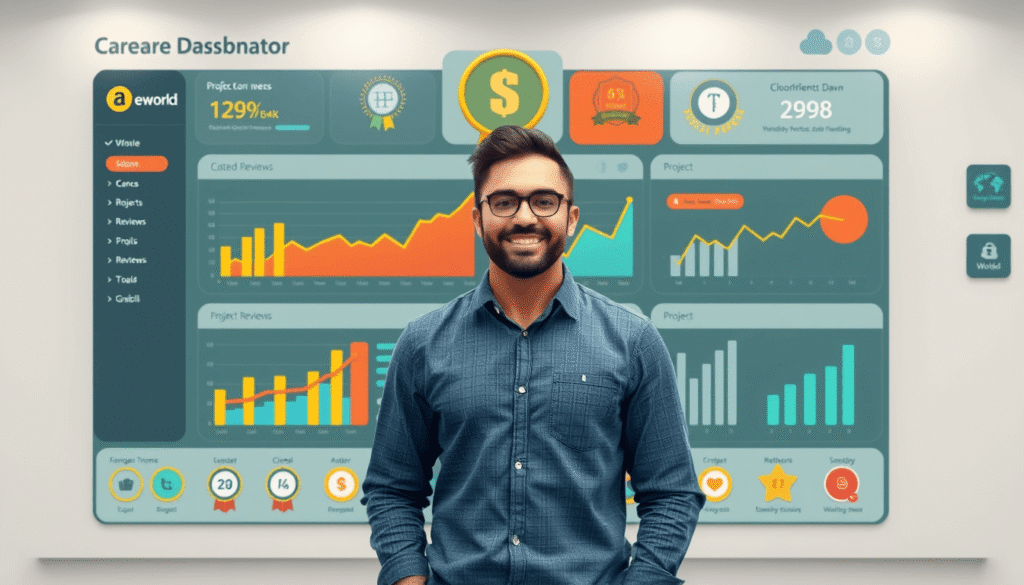 freelancer viewing income chart, reviews, and completed projects on digital platform