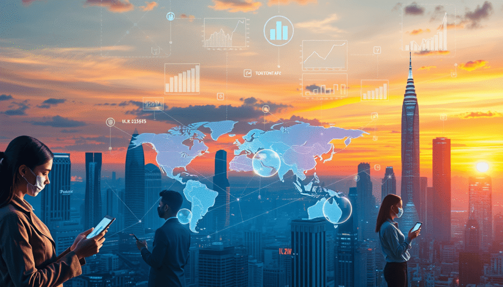 futuristic southeast asian city with holographic fintech data and digital financial interfaces