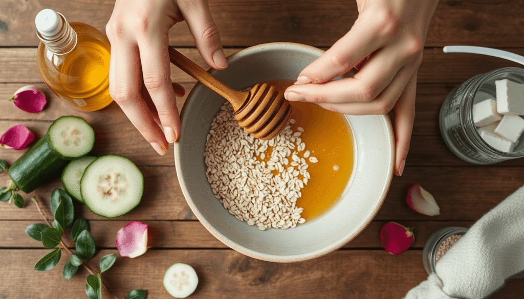 hands mixing raw honey and oats in a ceramic bowl for homemade skincare