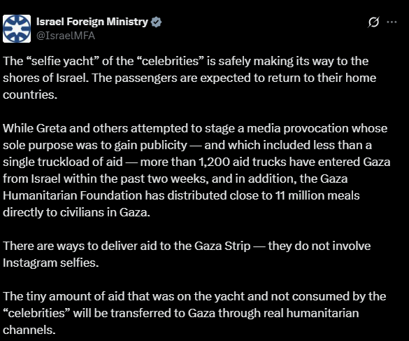 israeli ministry of foreign affairs official x post defending flotilla interception with national security hashtag