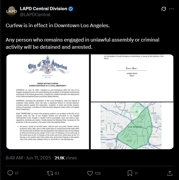 lapd division curfew post on social media