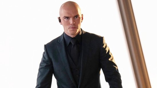lex luthor played by nicholas hoult staring menacingly in superman 2025