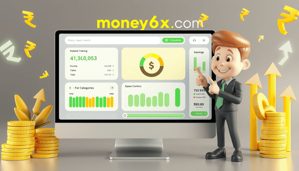 money6x .com dashboard showing income, expenses, and savings progress