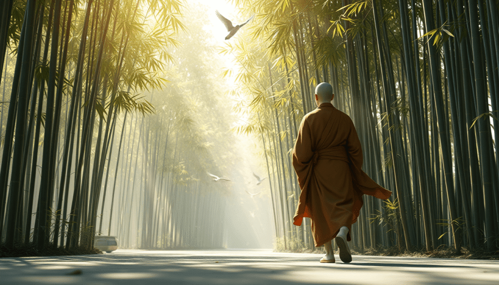monk walking through bamboo forest in sunlight showing inner discipline
