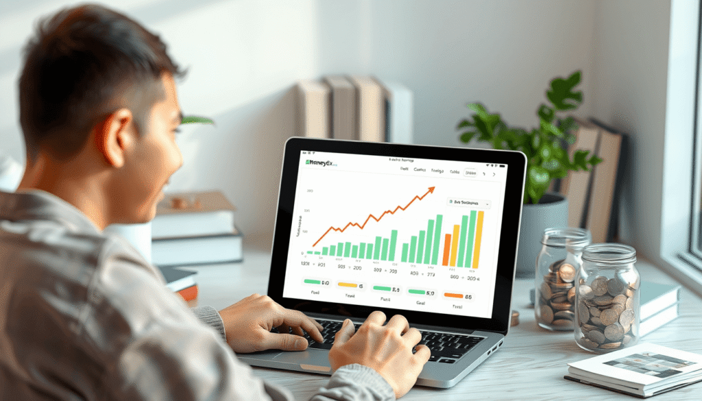 person happily reviewing a graph showing upward savings growth