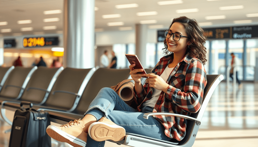 relaxed traveler at airport with passport and backpack