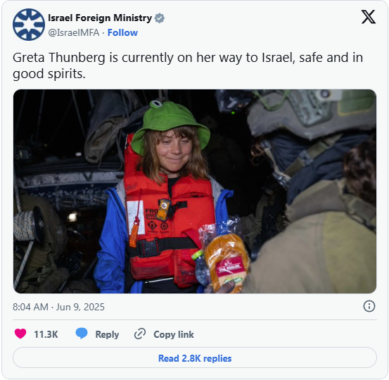 screenshot of israeli ministry of foreign affairs post on x responding to thunberg’s detention