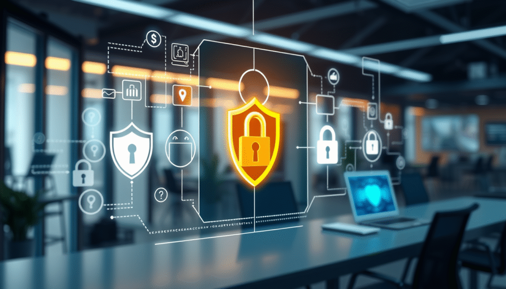 secure login screen with encryption and two-factor authentication symbols