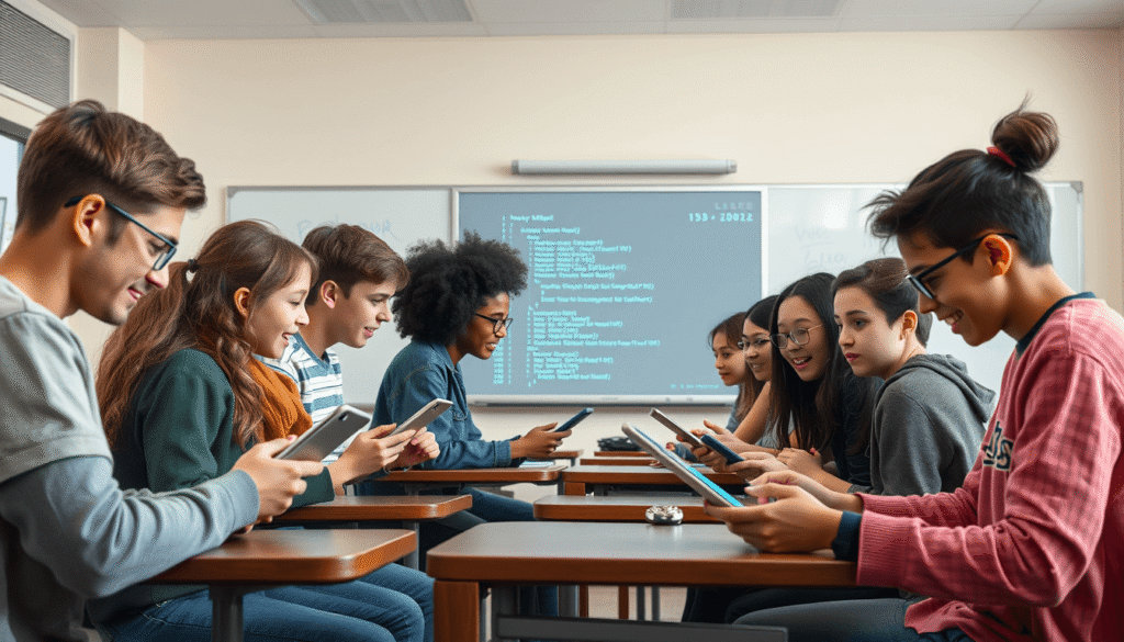 teacher hosting an interactive quiz game using a smartboard and tablet