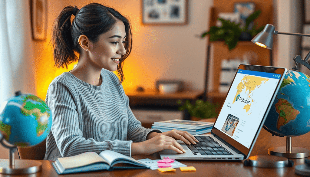 woman planning vacation at desk with maps and tickets