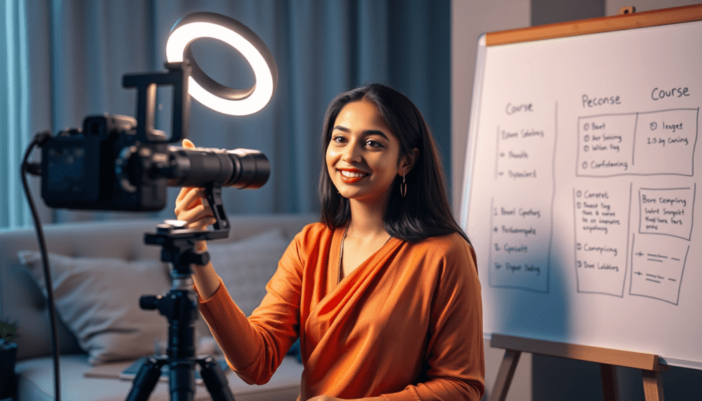 woman recording online course with camera and whiteboard in home studio