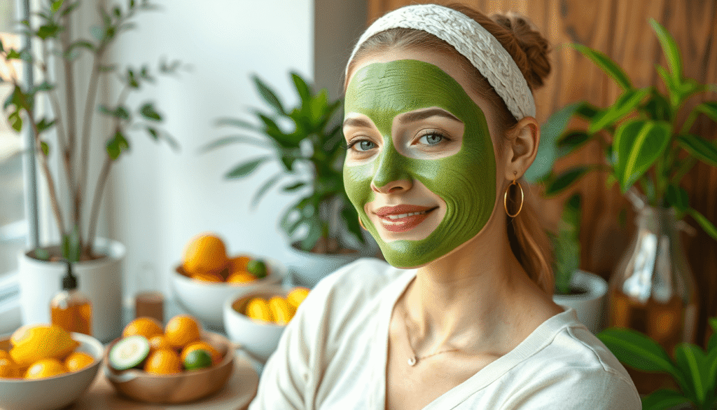 woman with a green homemade face mask relaxing in a natural light setting