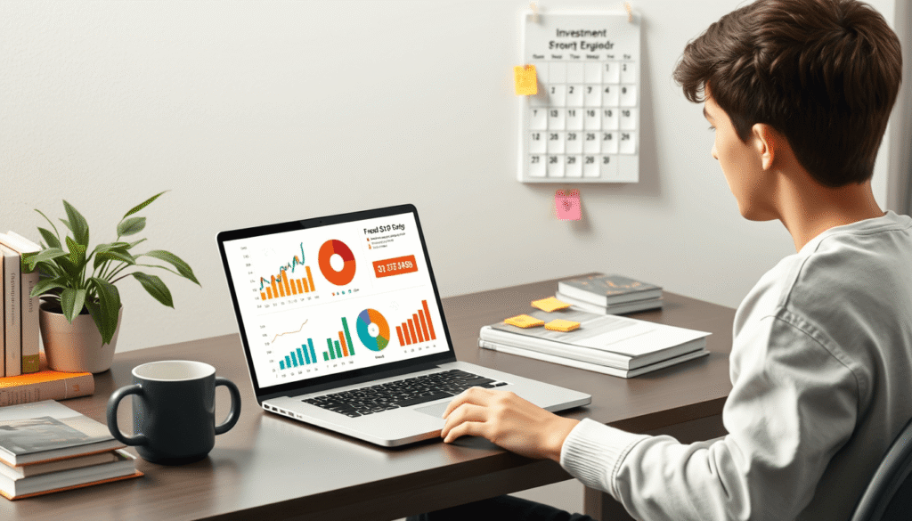 young investor analyzing portfolio charts on laptop with budgeting notes