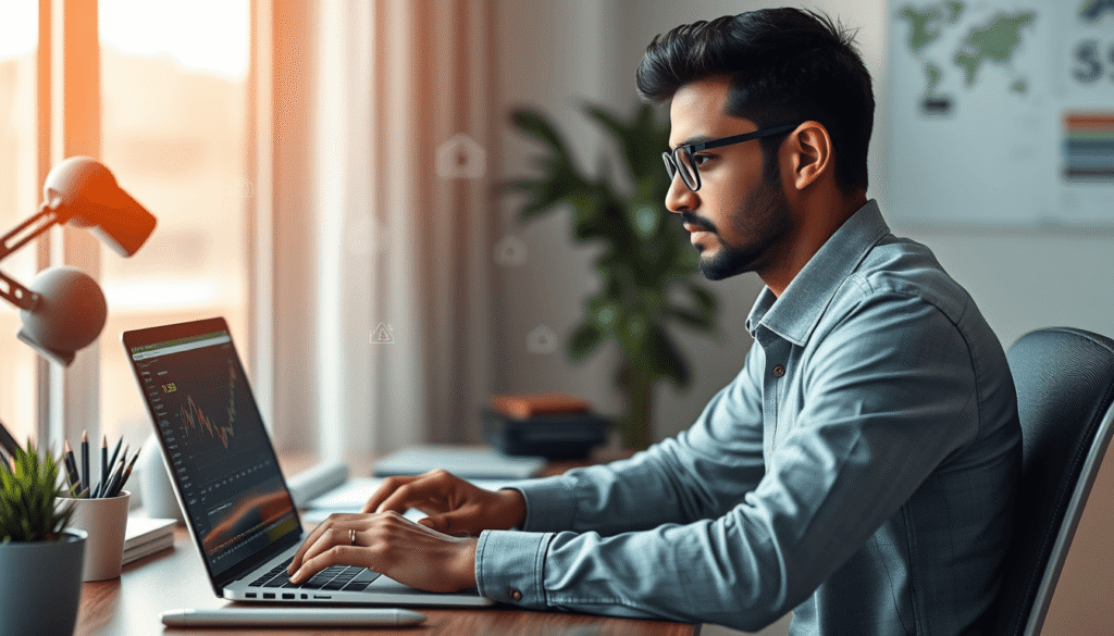 young investor analyzing stock charts on laptop at home desk